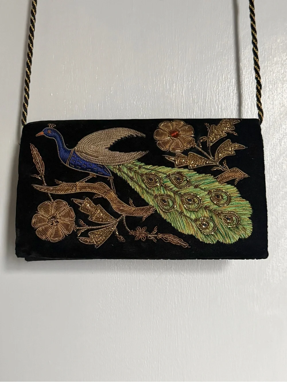 Peacock vintage Embroidered Black Velvet Evening Clutch
